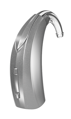 Silver behind-the-ear hearing aid